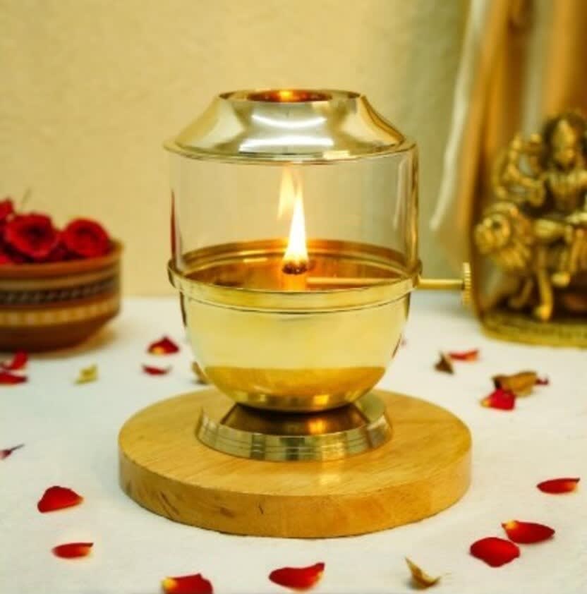 100% Pure Brass Akhand Jyoti Diya with Adjustable Bati & Glass Cover (Large, 250ml) 1