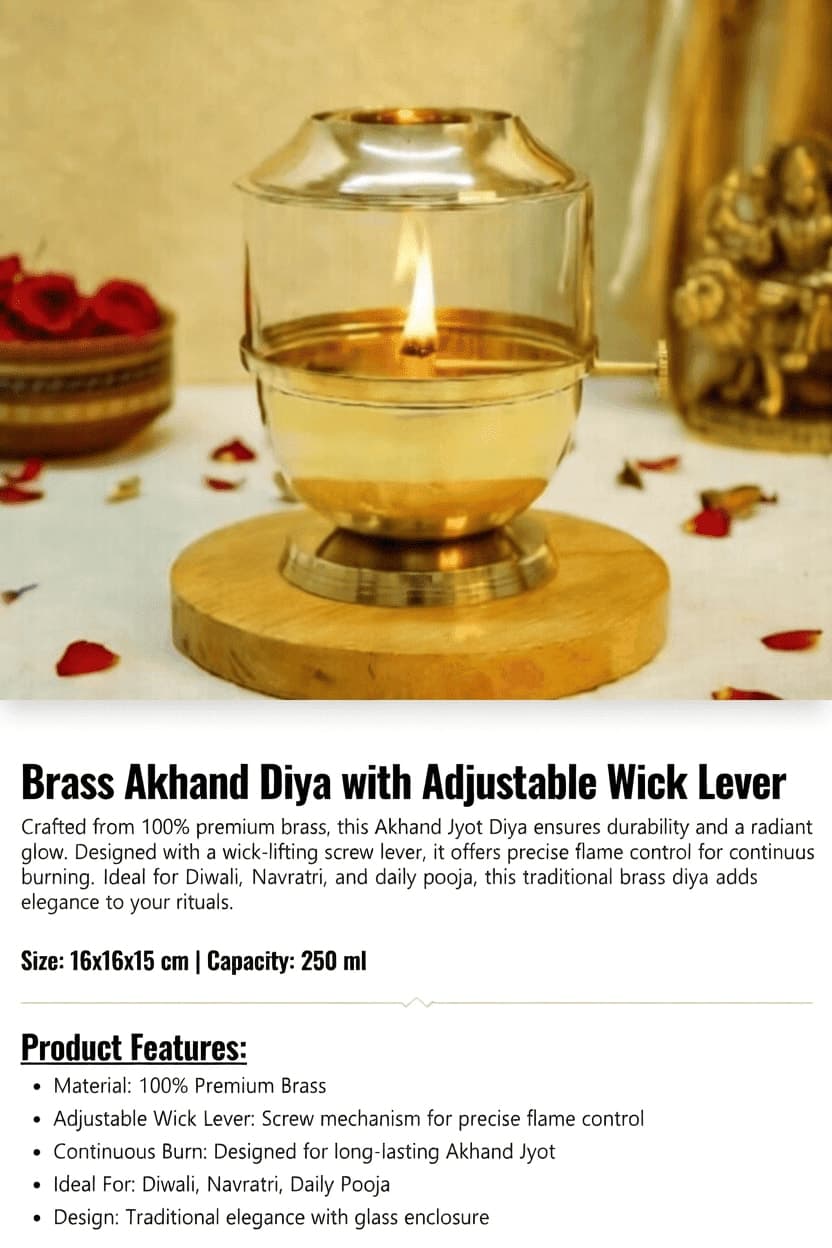 100% Pure Brass Akhand Jyoti Diya with Adjustable Bati & Glass Cover (Large, 250ml) 2